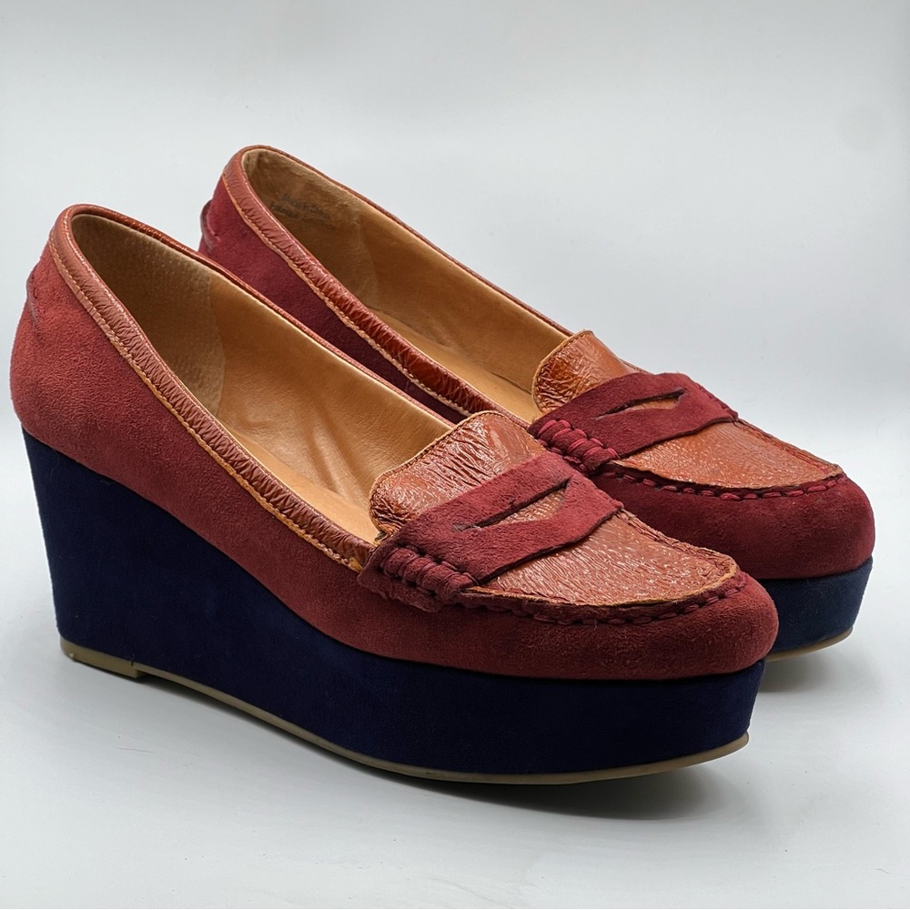 Pilcro & The Letterpress Blue Red Orange Wedge Loafer Sz. 8.5 Anthropology